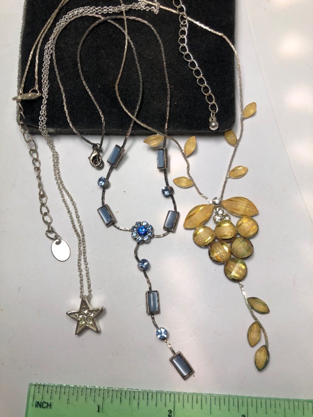 VTG 3 necklace lot blue yellow clear rhinestone